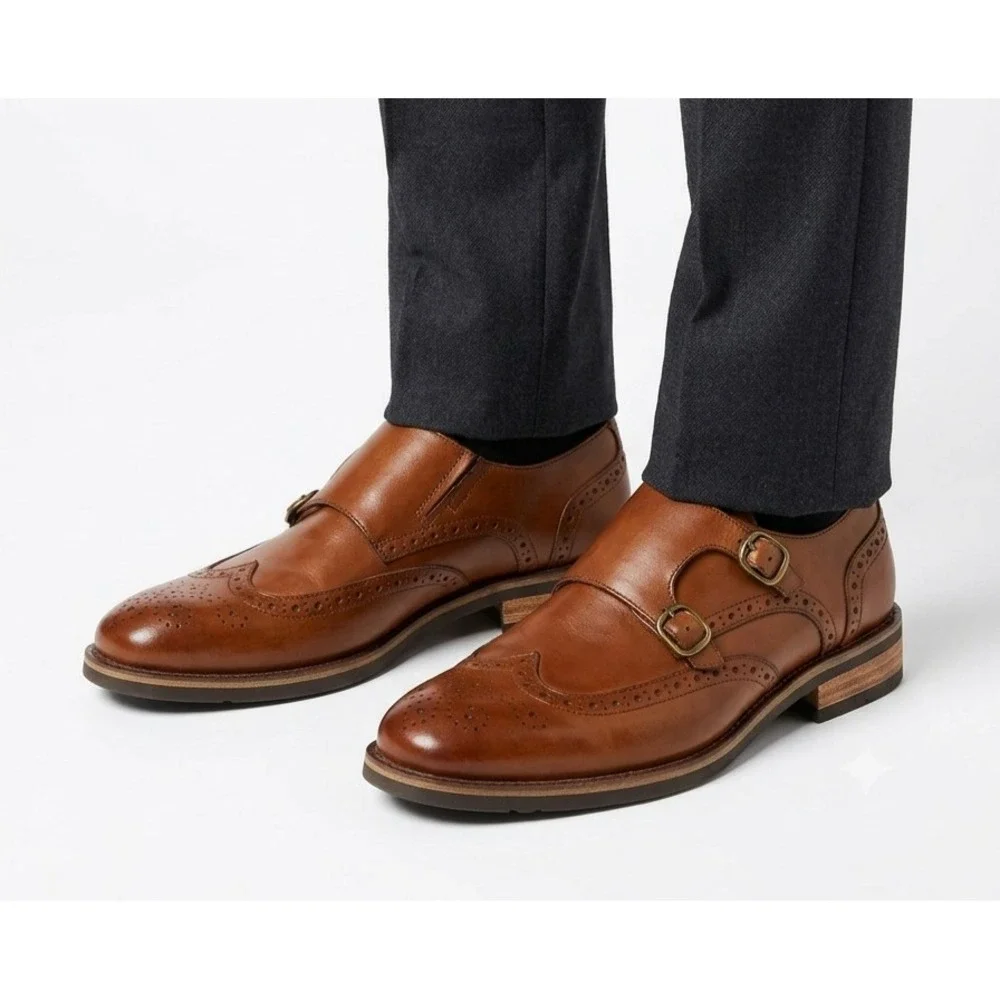 Steve Madden P-Lanser Dress Shoes Mens 8 Brown Leather Double Monk Strap Outdoor